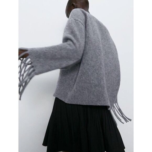 Zara Medium Knit Sweater Women Medium Wool Blend Fringe Long Sleeve gray Medium - Picture 4 of 10